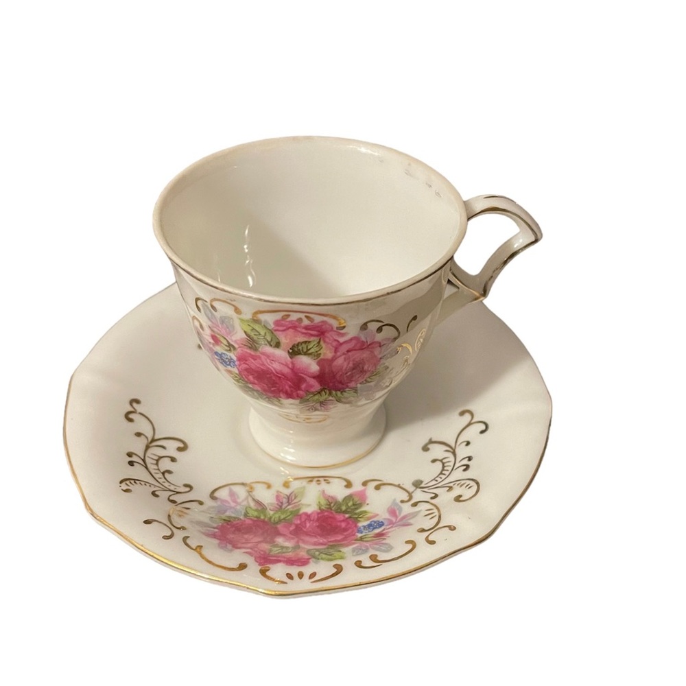 Vintage Ucagco China Demitasse Cup and Saucer pink roses with gold trim